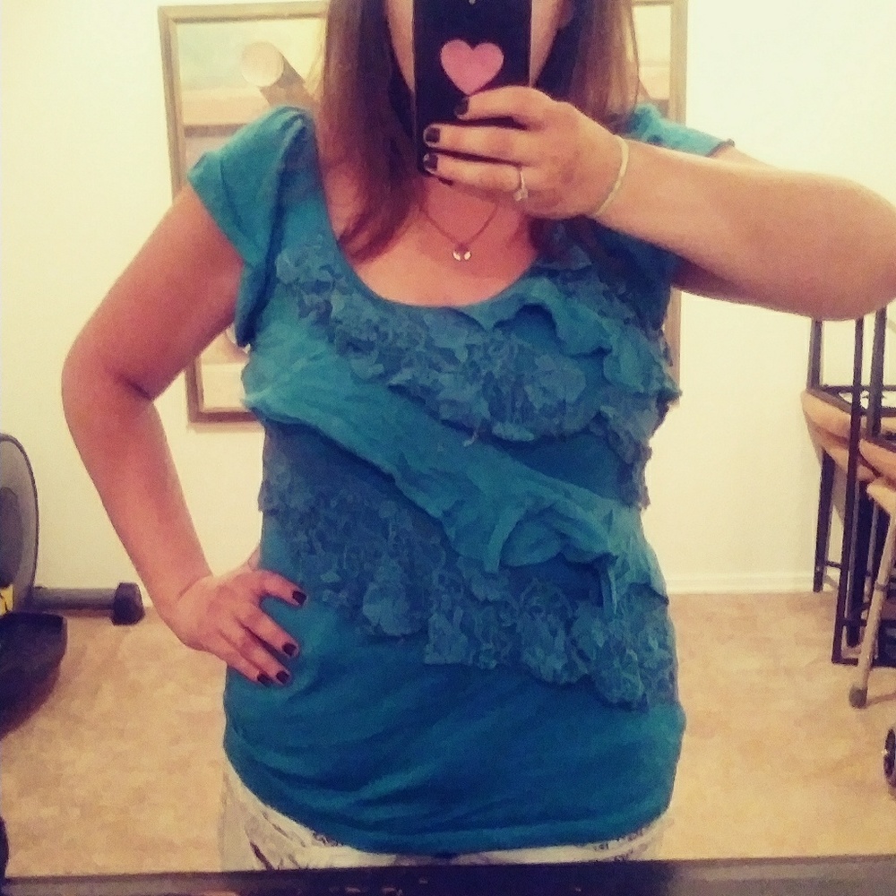 Dark Teal Top with Lace and Ruffles